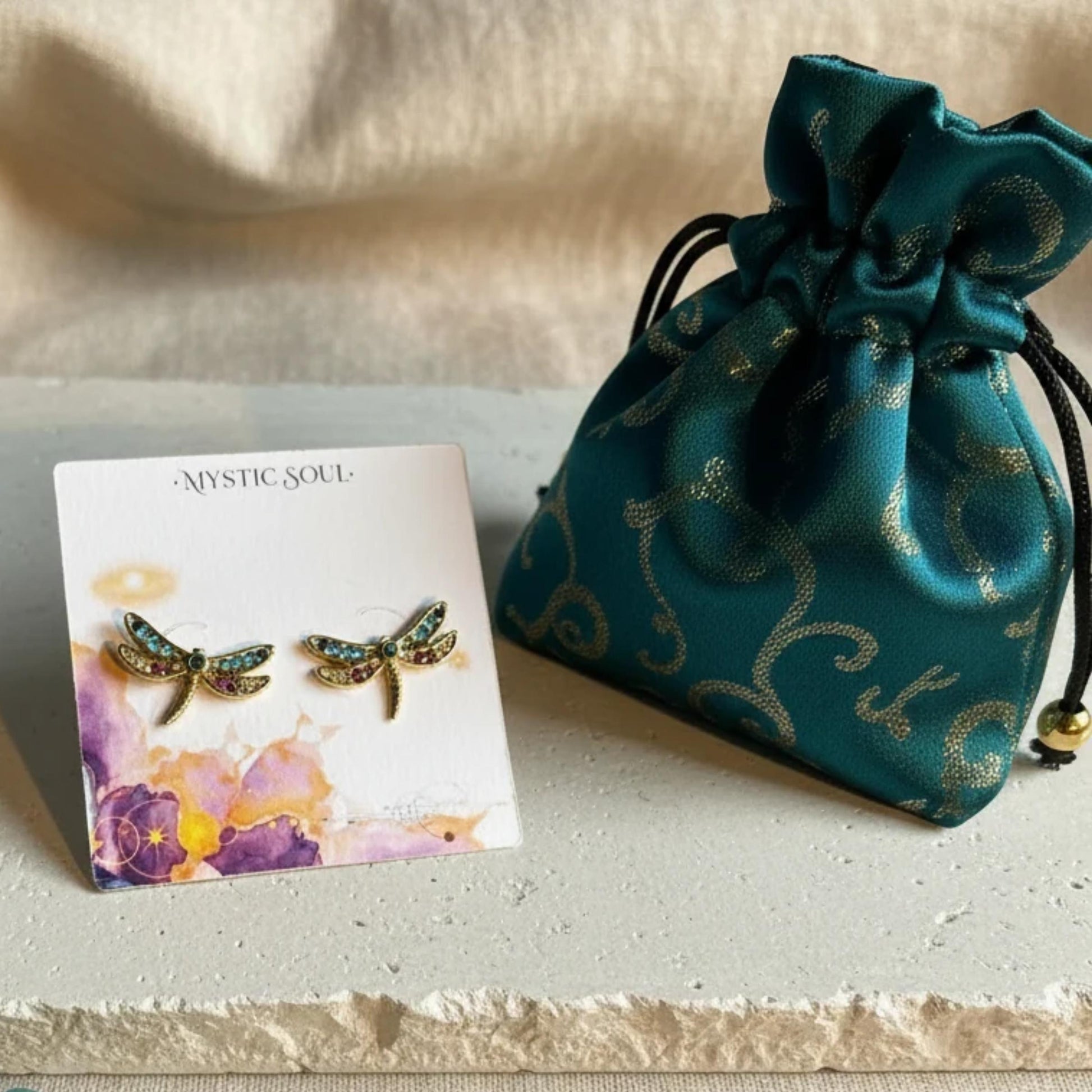 Painted dragonfly studs on gold-plated sterling silver posts — spirit animal jewelry