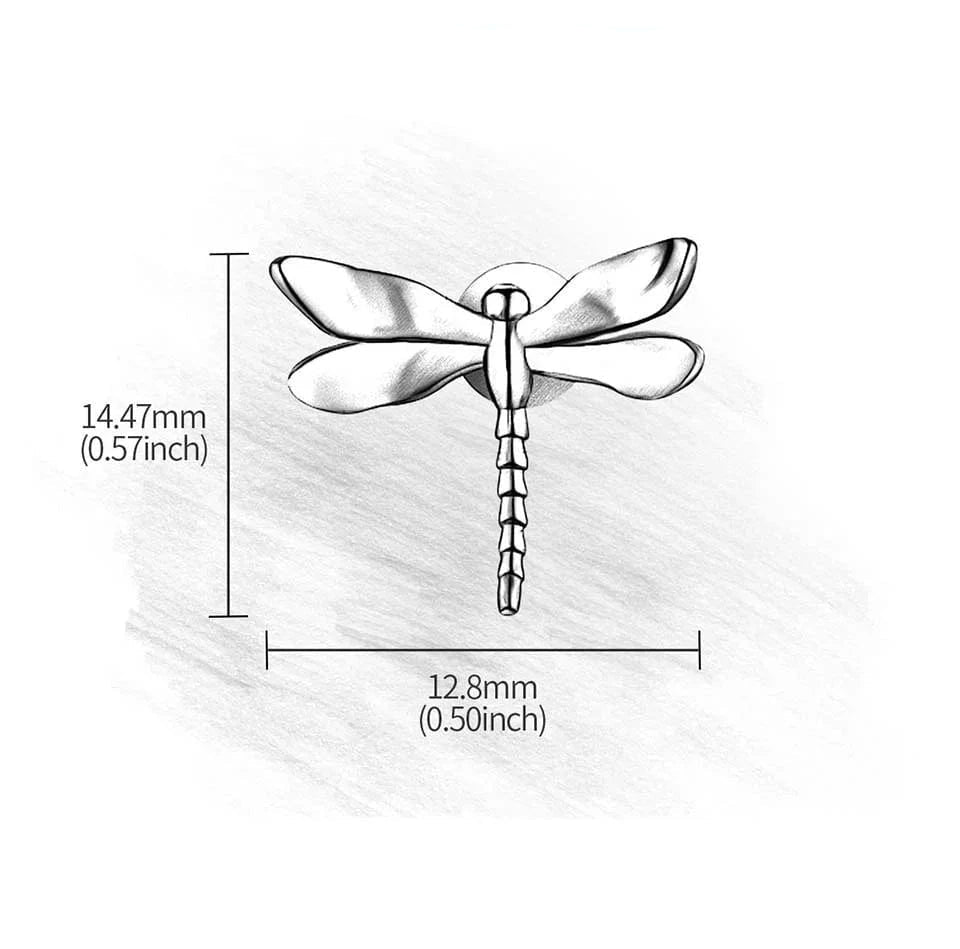 Silver dragonfly-shaped earring with dimensions on a white background