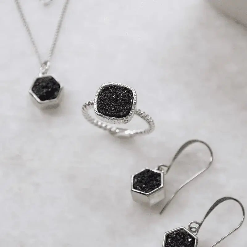 Druzy Hex Black Agate Earrings - Mystic Soul Jewelry