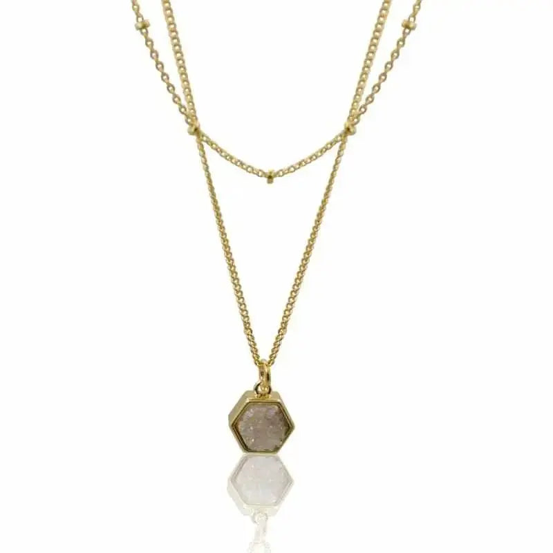 Druzy White Agate Hex Jewelry Set - Earrings and Necklace - Mystic Soul Jewelry