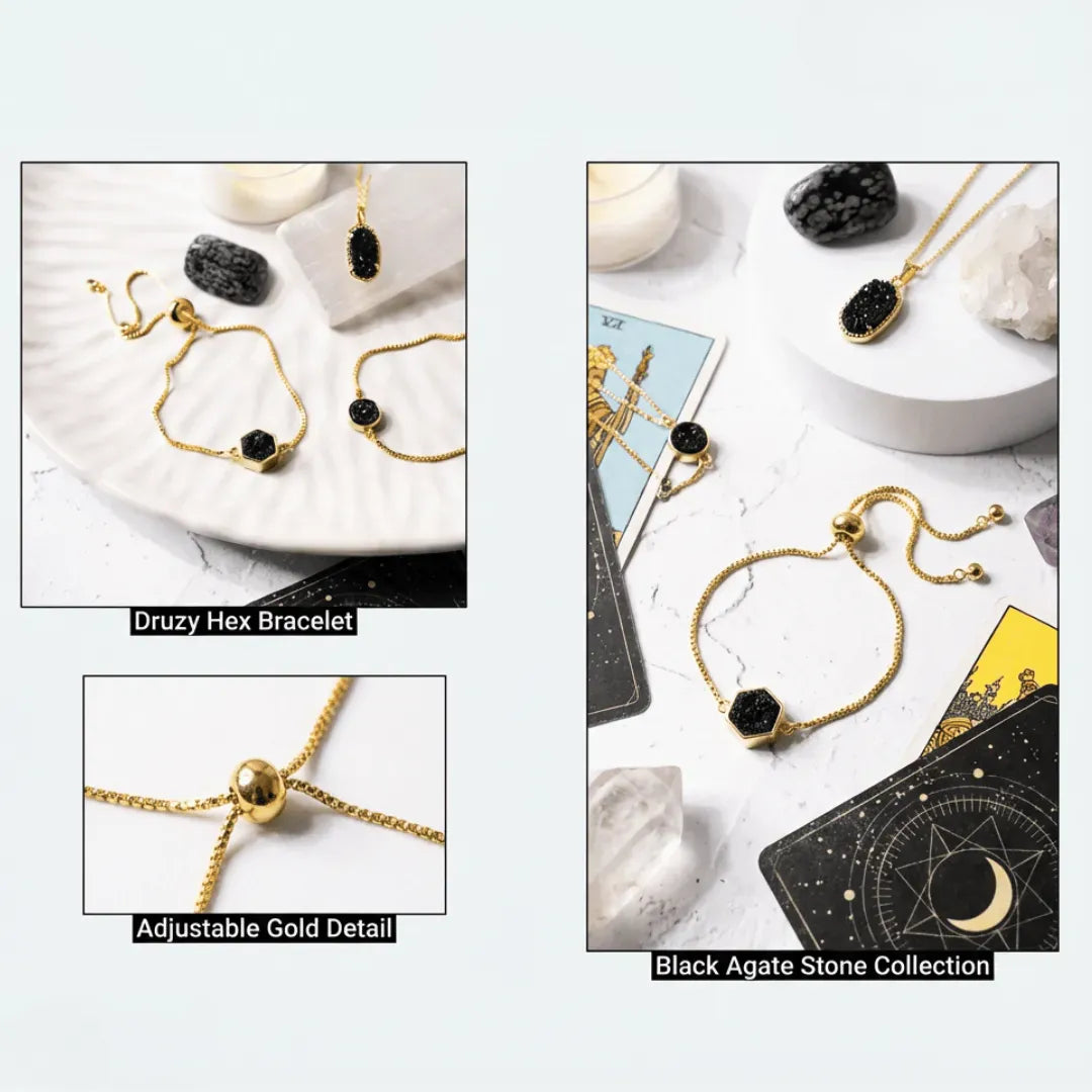 Black agate stone bracelet with adjustable gold detail on a white surface with tarot cards.