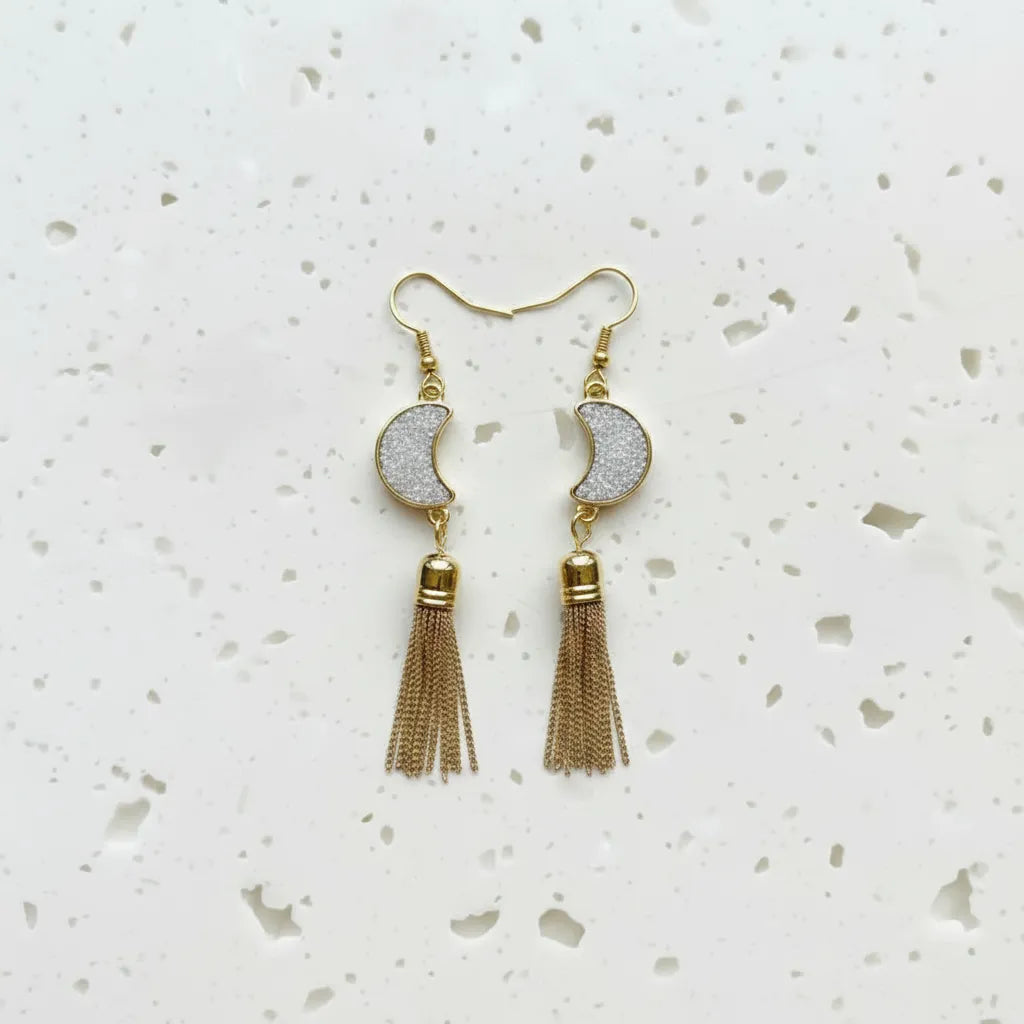 Grey druzy crescent moon drop earrings, celestial jewelry