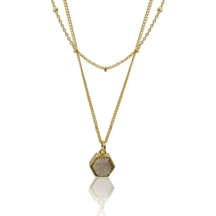 Dual Delight Grey Agate & Hexagon Necklace - Gold/Silver-Plate - Mystic Soul Jewelry