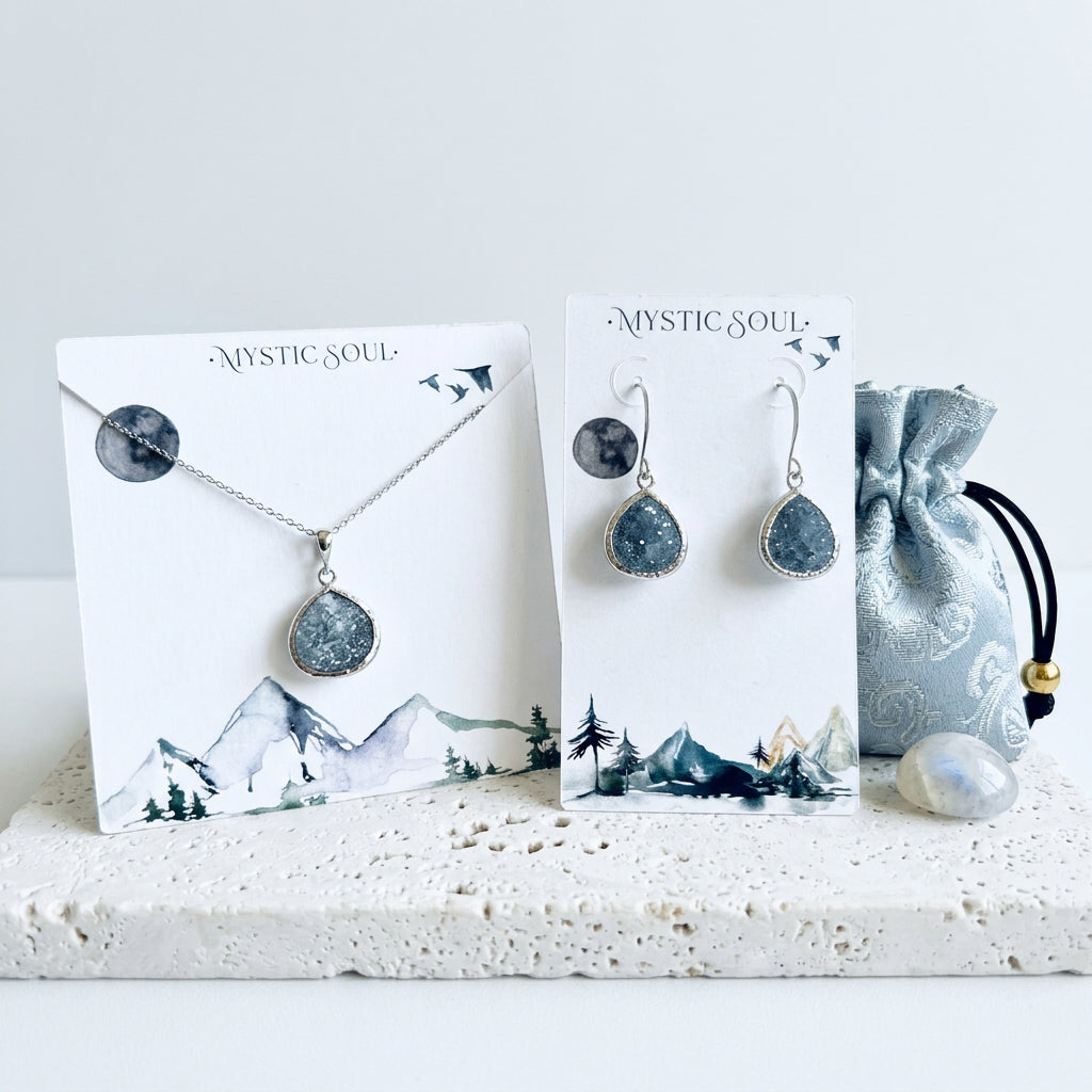 Dusk Elegant Pebble necklace and matching earrings in grey crackle glass and silver, with gift tag and satin pouch