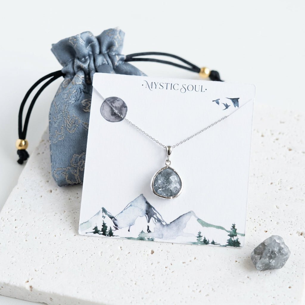 Silver grey crackle glass Elegant Pebble necklace with Mystic Soul gift tag and satin pouch, ready to gift