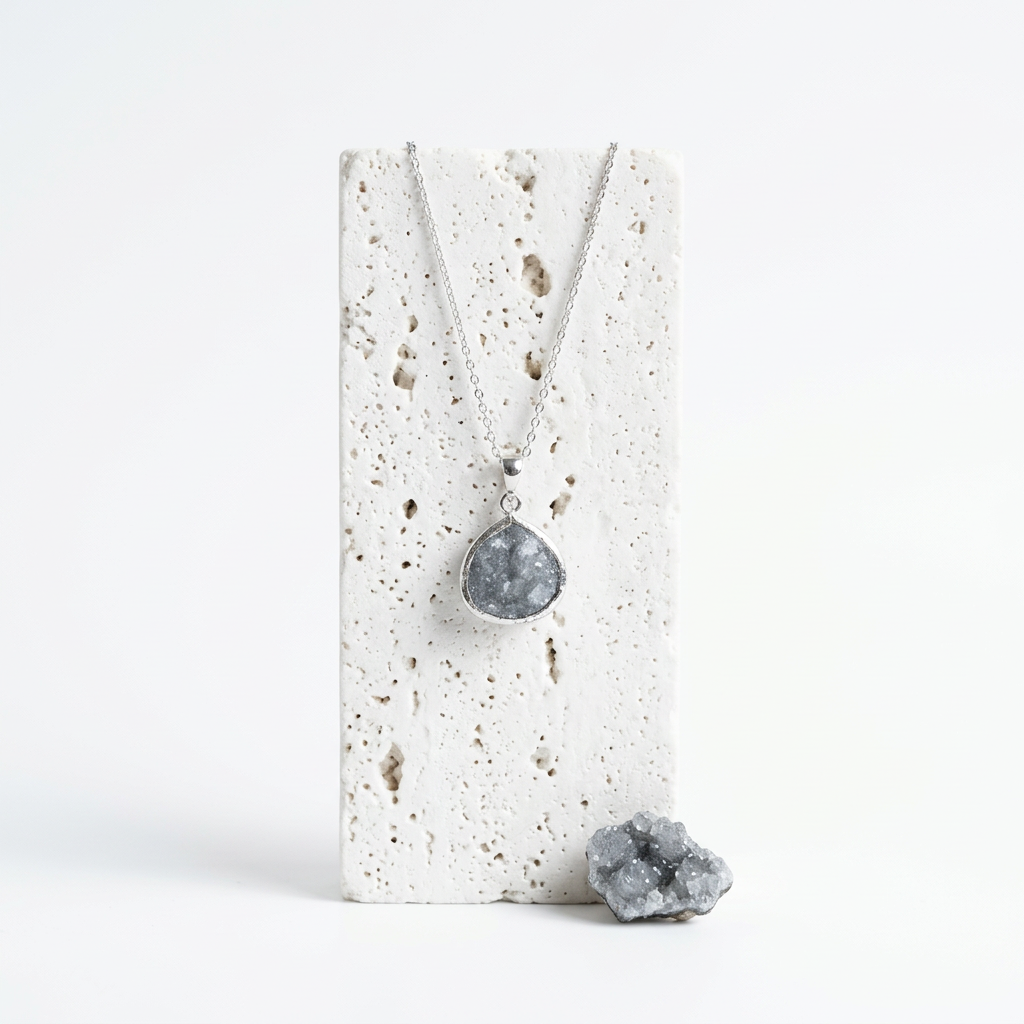 Silver Dusk Elegant Pebble necklace with grey crackle glass pendant, hanging view