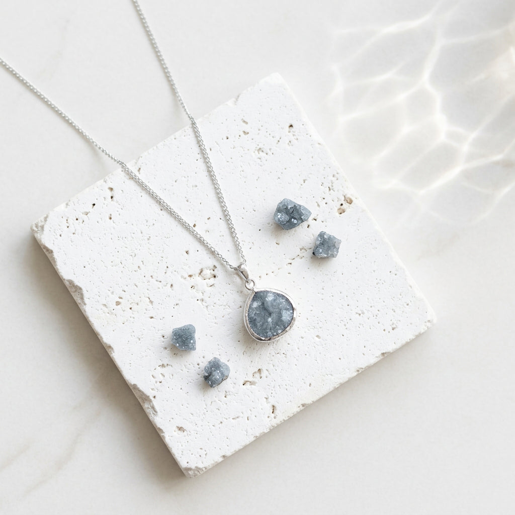 Silver Dusk Elegant Pebble necklace with smoky grey crackle glass pendant, twilight-toned faceted glass
