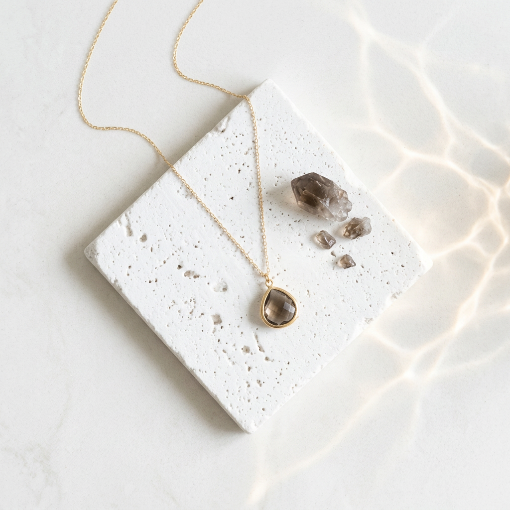 Gold Elegant Pebble necklace with Dusk smoky glass pendant