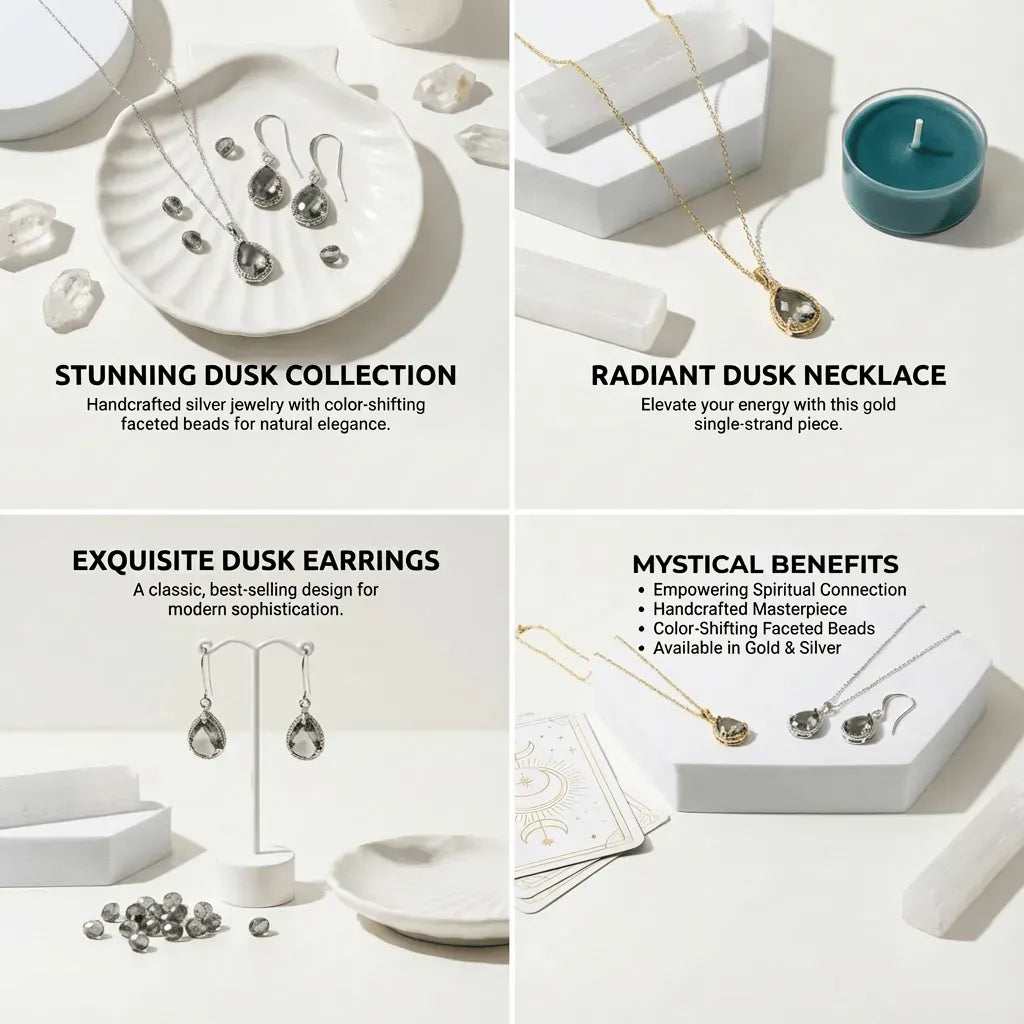 Jewelry collection with earrings, necklace, and packaging on a white background