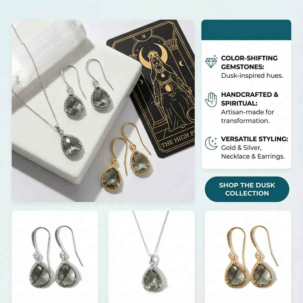 Jewelry set with earrings and necklaces on a white background, featuring color-shifting gemstones.