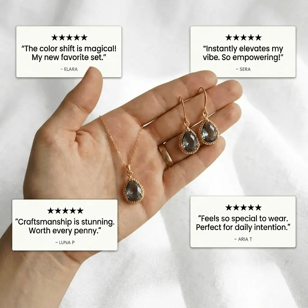 Hand holding jewelry set with customer reviews displayed