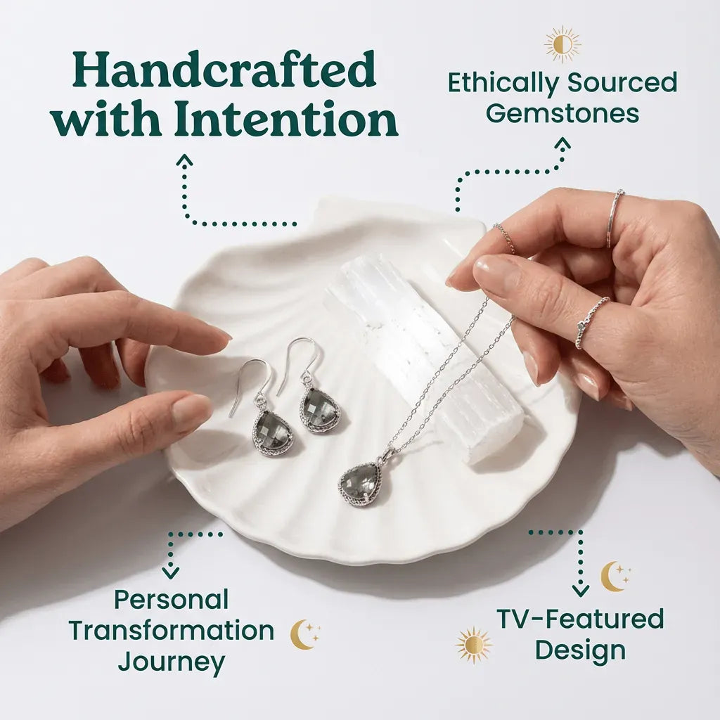 Jewelry set with earrings and necklace on a white dish, held by hands, with text about ethical sourcing and design.