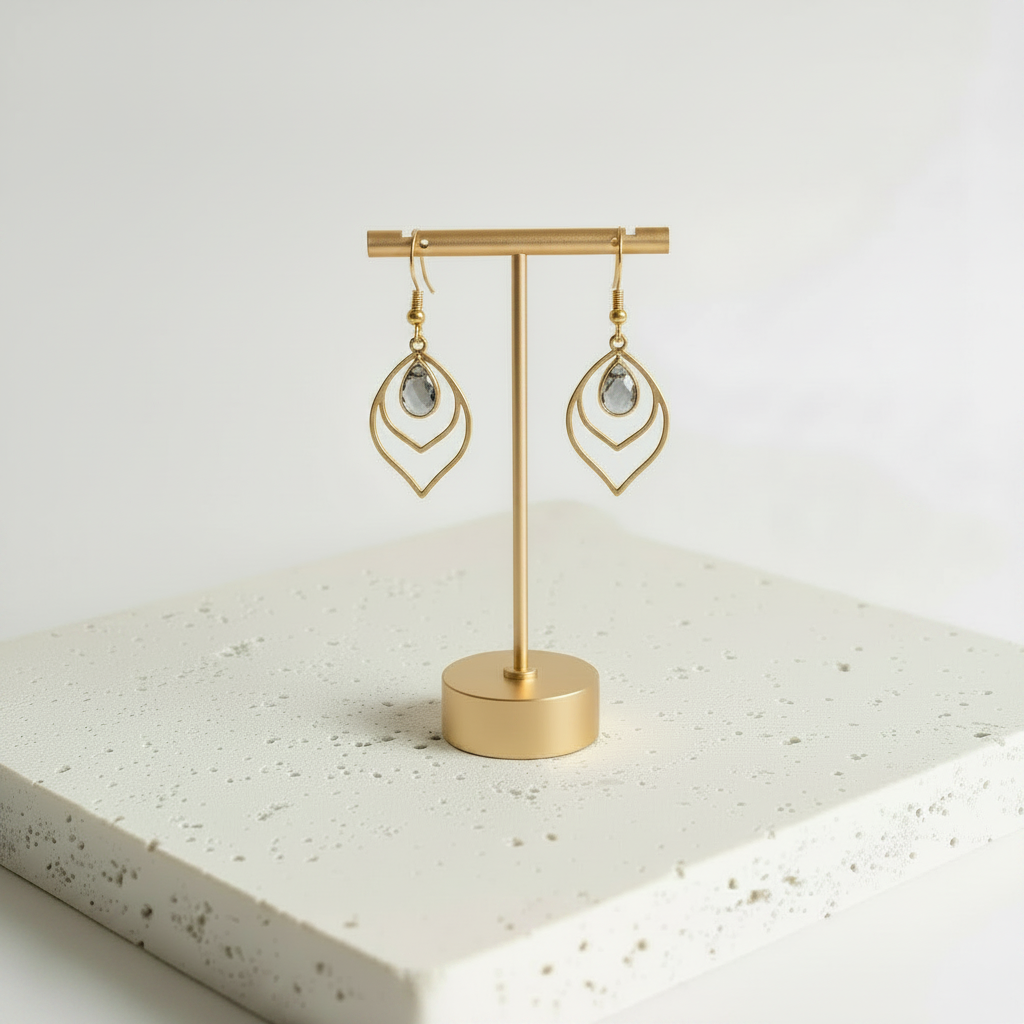 Dusk smoky grey faceted glass teardrop earrings in gold, alternate view
