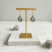 Dusk smoky grey faceted glass drop earrings in gold plated brass, close detail