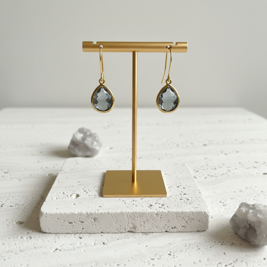 Dusk smoky grey faceted glass drop earrings in gold plated brass, close detail