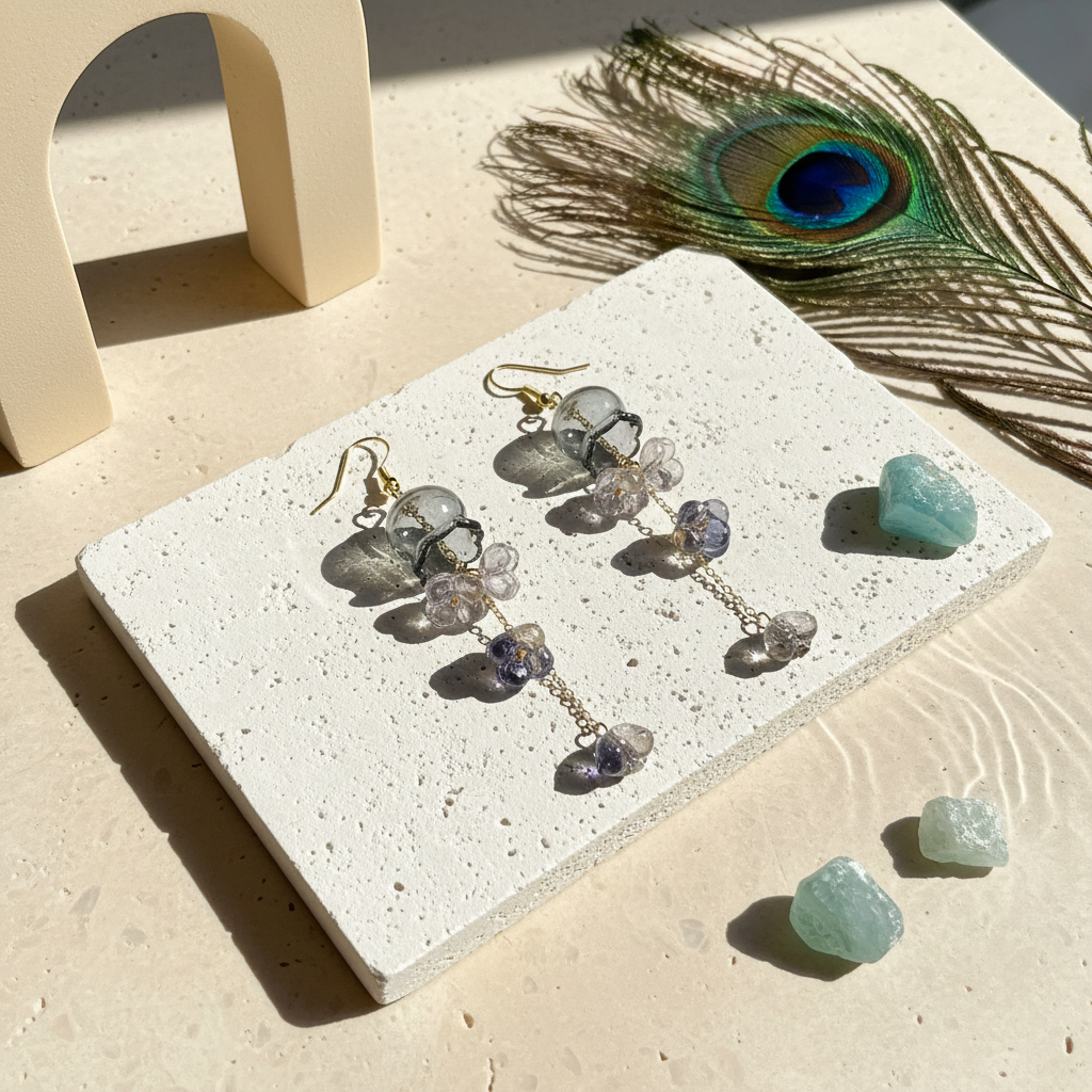 Dusk grey glass jellyfish earrings with gold florets, flat lay