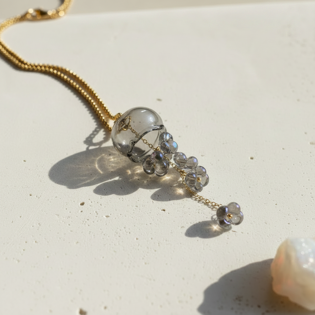 Dusk grey glass jellyfish pendant necklace with gold cascading florets