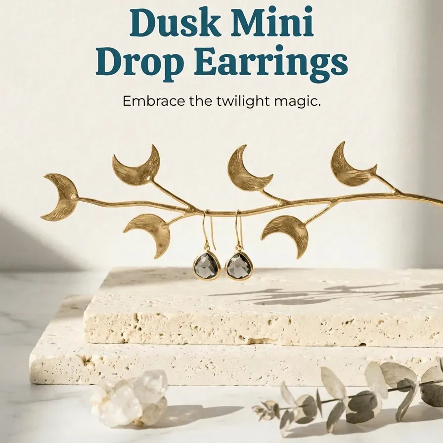 Dusk Mini Drop Earrings by Mystic Soul Jewelry on a light background with 'Shop Now' button.