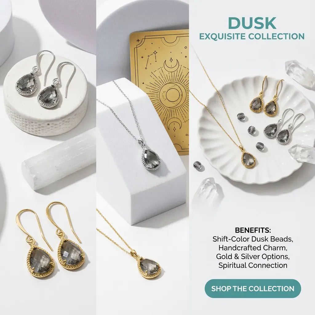 Jewelry set with earrings and necklaces on a white background, featuring 'Dusk' collection branding.