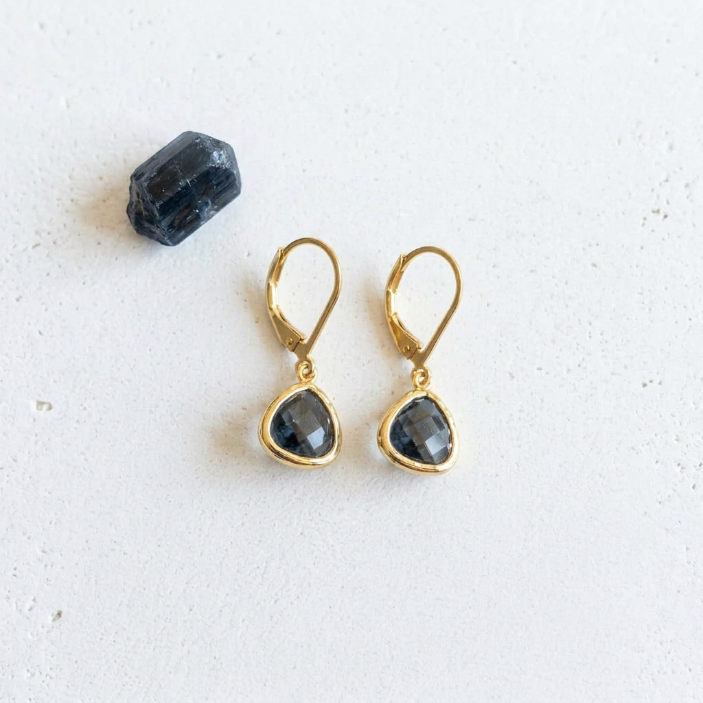 Gold Petite Pebble leverback earrings in Dusk smoky grey glass