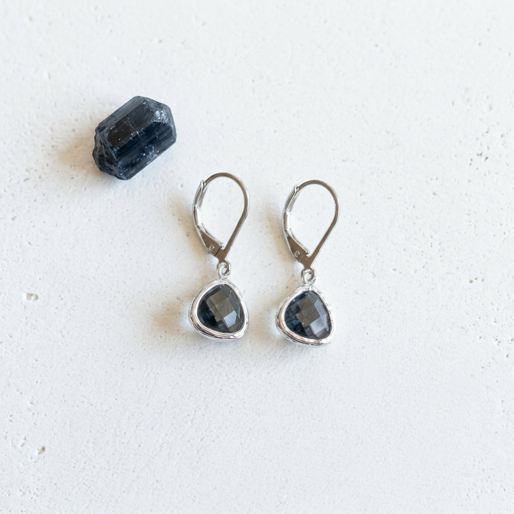 Silver Petite Pebble leverback earrings in Dusk smoky glass