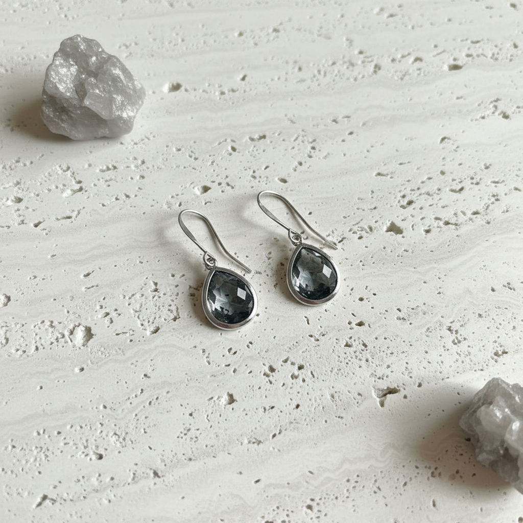 Dusk smoky grey faceted glass drop earrings in silver plated brass