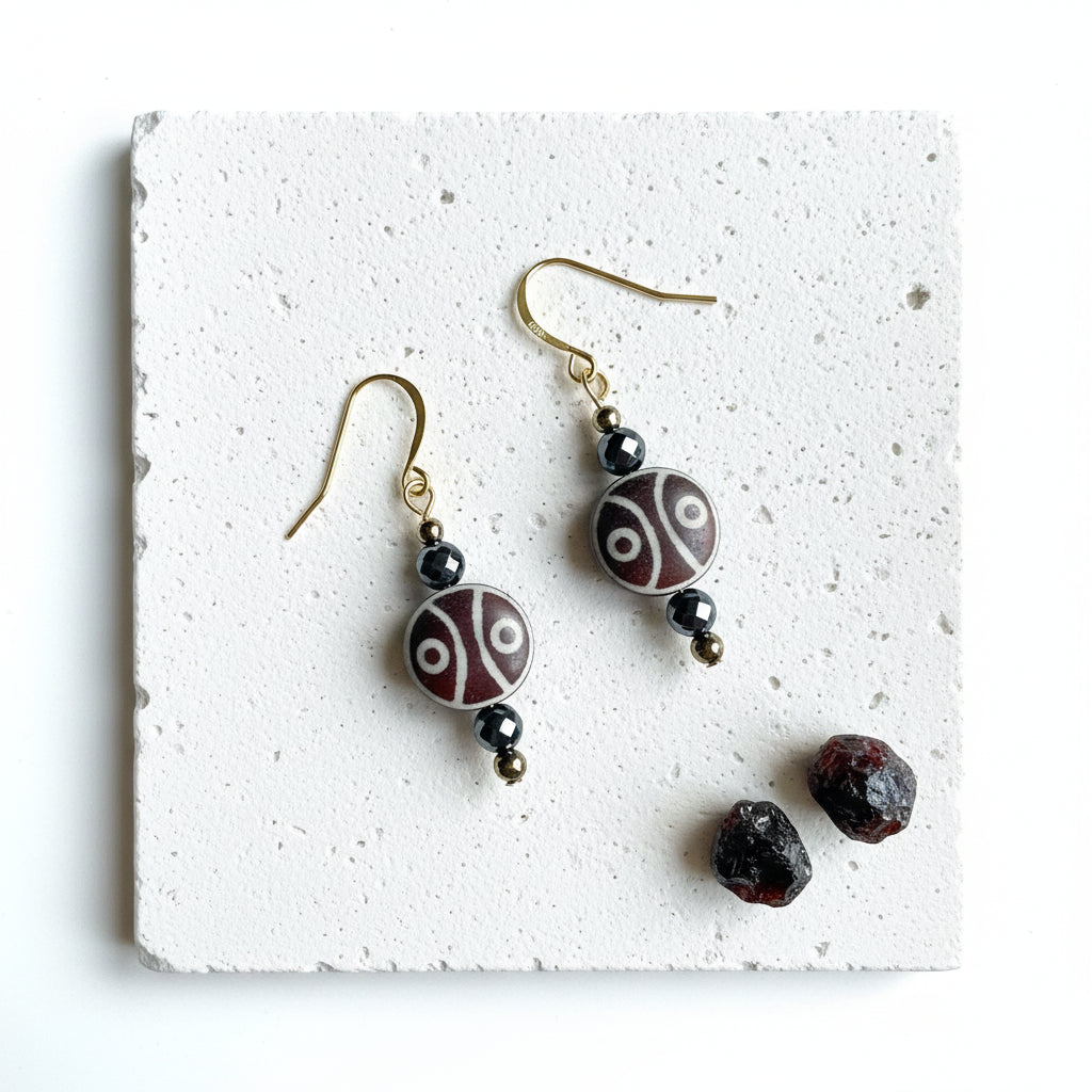 Dzi bead drop earrings gold plated — two-eye etched agate jewelry for harmony