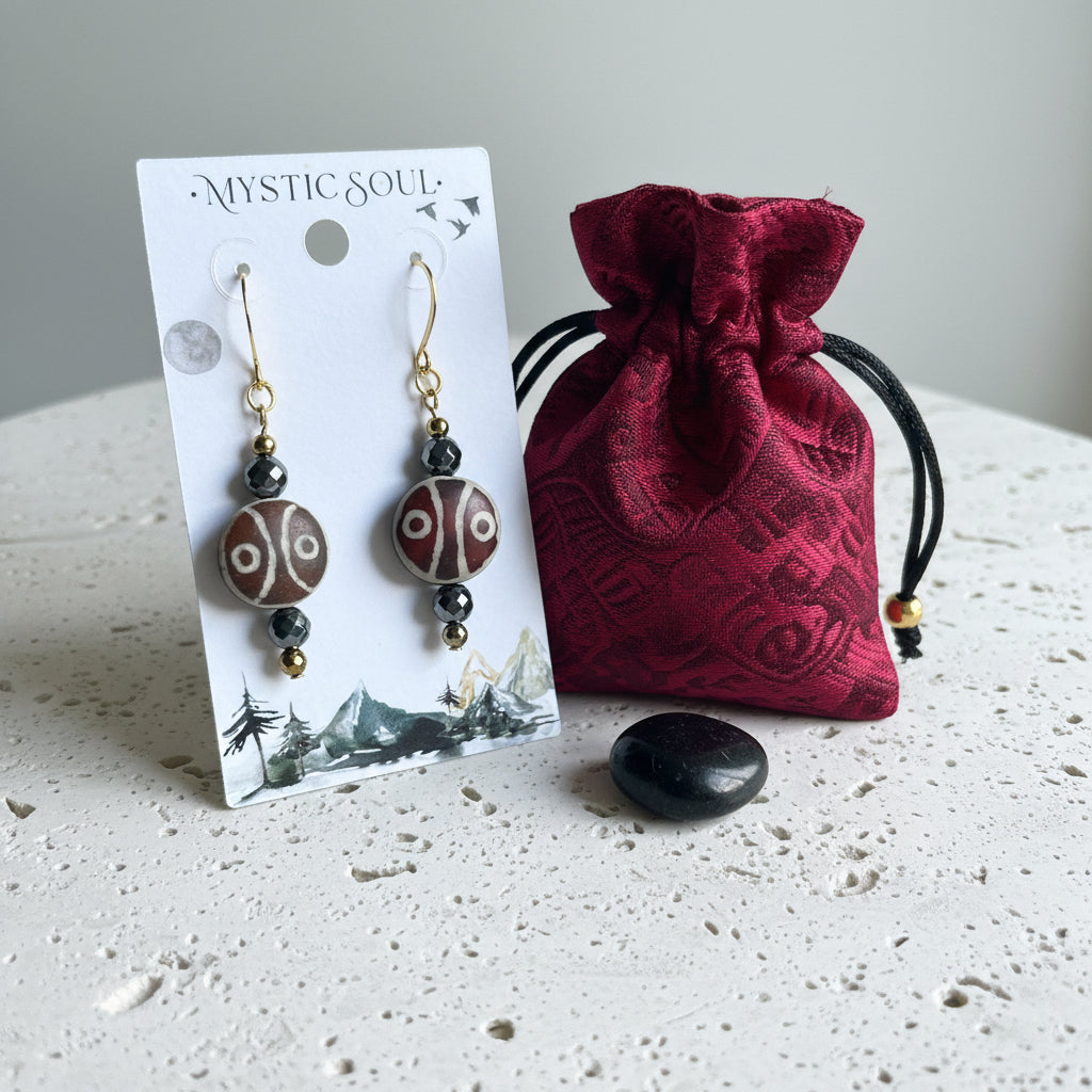 Dzi bead earrings on card gold plated leverback — etched agate jewelry for harmony