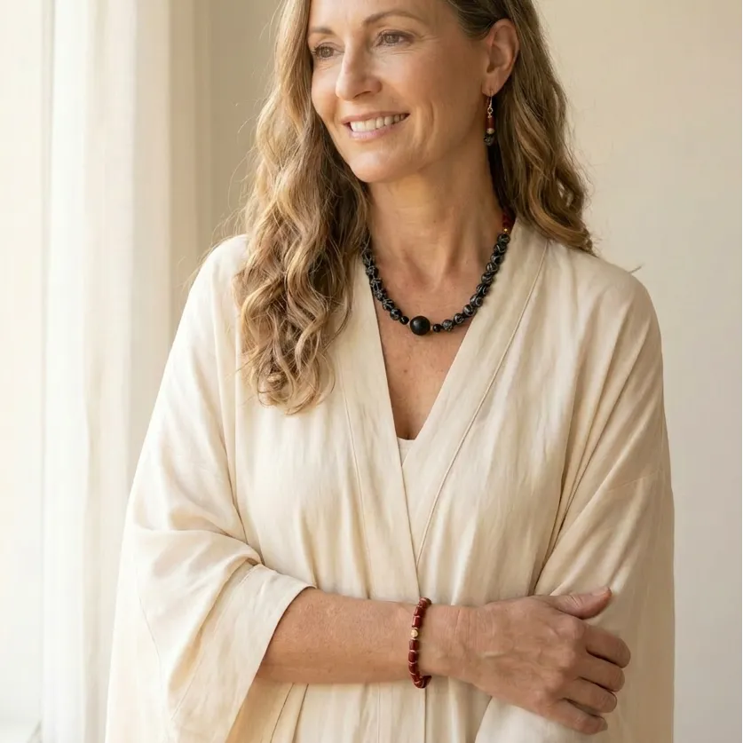 dzi bead and red coral bracelet worn on the wrist — one-of-a-kind crystal jewelry for protection