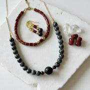 Dzi Bead, Coral & Brass one-of-a-kind set — necklace, bracelet, and earrings