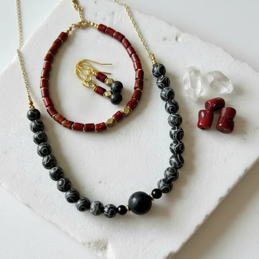 Dzi Bead, Coral & Brass one-of-a-kind set — necklace, bracelet, and earrings