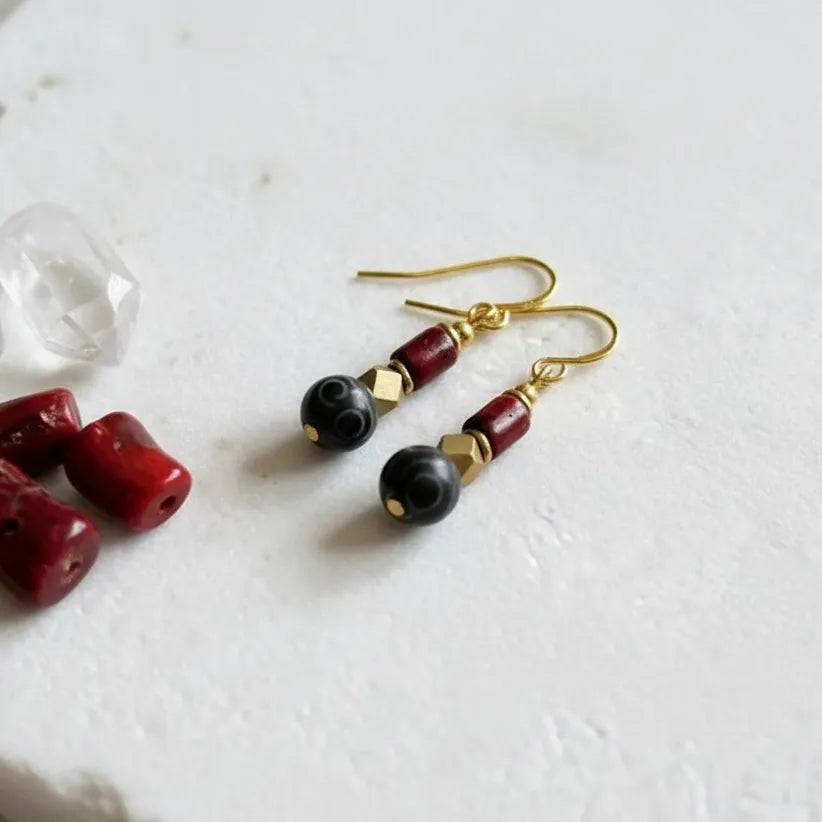 Dzi Bead, Coral & Brass drop earrings with vintage fair trade brass bead, one-of-a-kind
