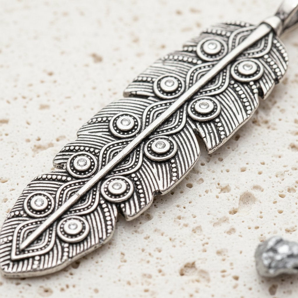 Eagle feather pendant in sterling silver, detail view — air element jewellery for perspective