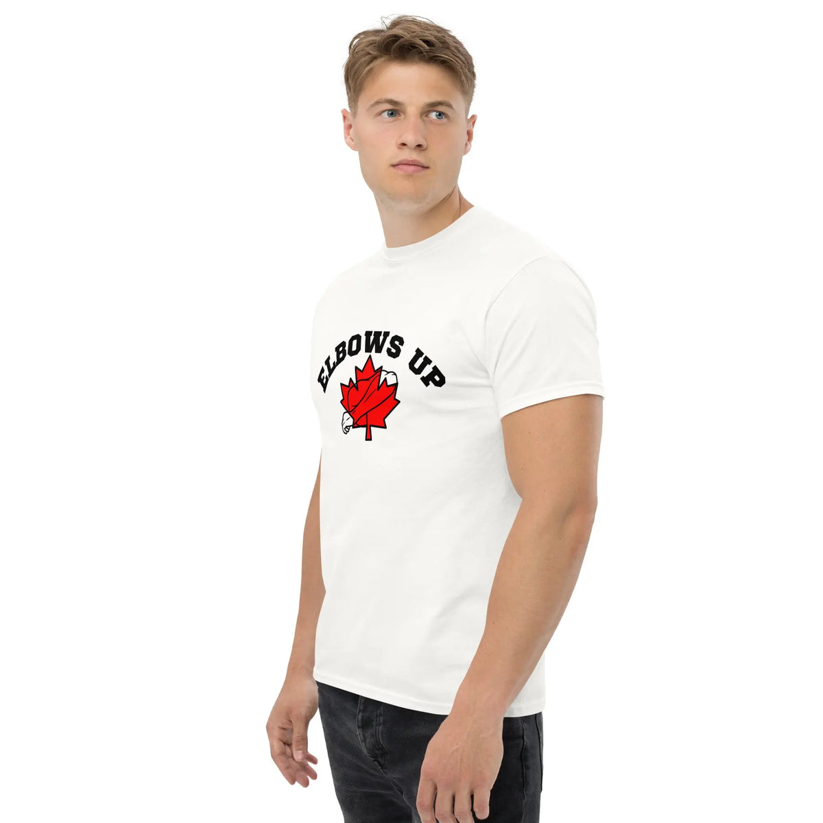 elbows up classic white t  shirt with maple leaf with a strong elbow over it