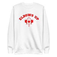 Elbows Up White Sweatshirt with red Elbows Up with Canadian Flag