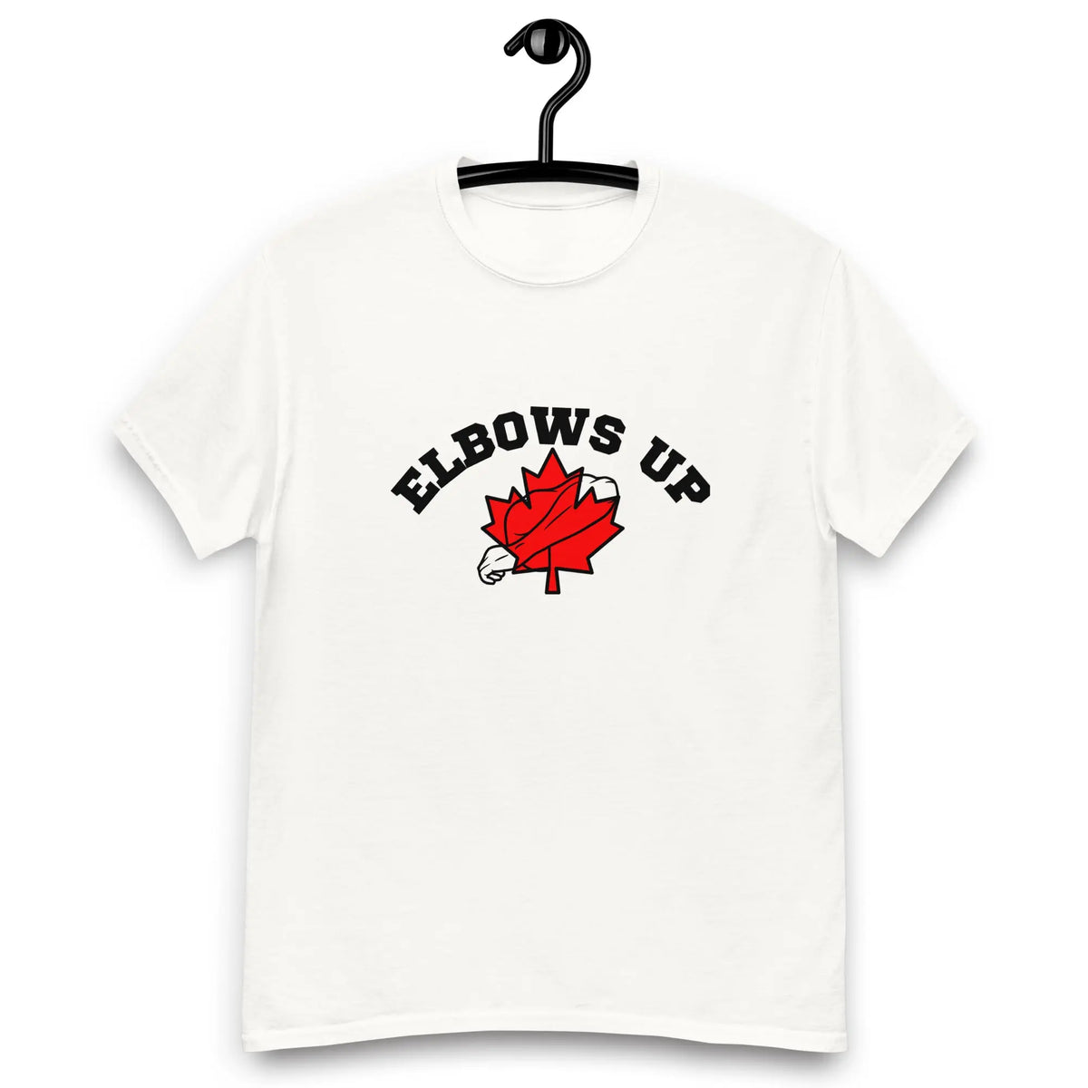 elbows up classic white t  shirt with maple leaf with a strong elbow over it