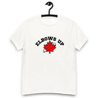 elbows up classic white t  shirt with maple leaf with a strong elbow over it