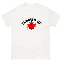 elbows up classic white t  shirt with maple leaf with a strong elbow over it