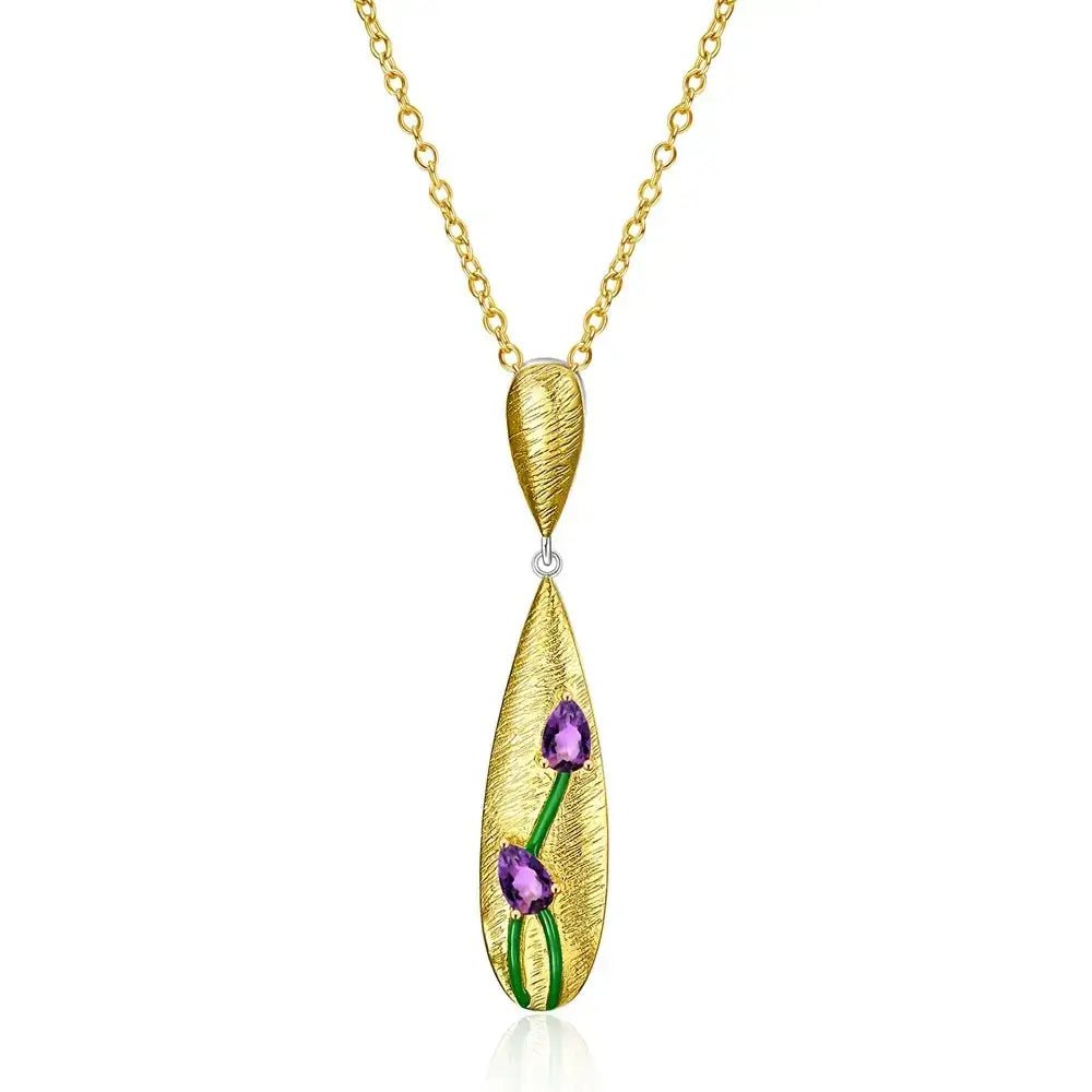 Elegant Brushed Gold Tulip Pendant Necklace with Faceted Amethyst - Gold Plated Sterling Silver - Mystic Soul Jewelry