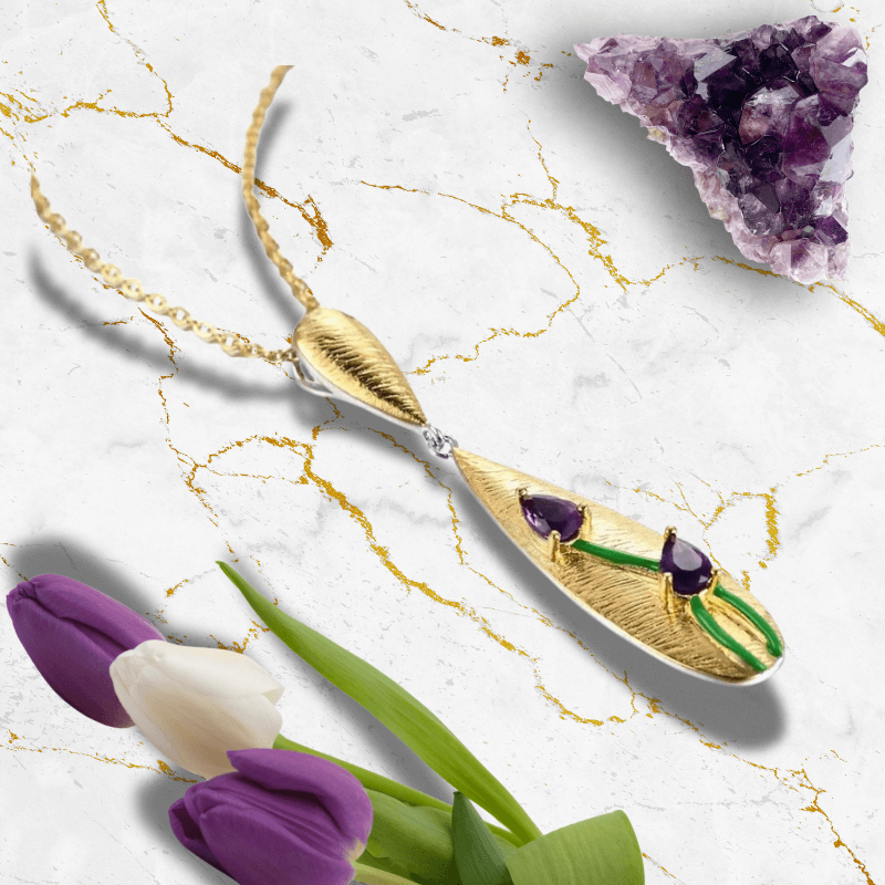 Elegant Brushed Gold Tulip Pendant Necklace with Faceted Amethyst - Gold Plated Sterling Silver - Mystic Soul Jewelry