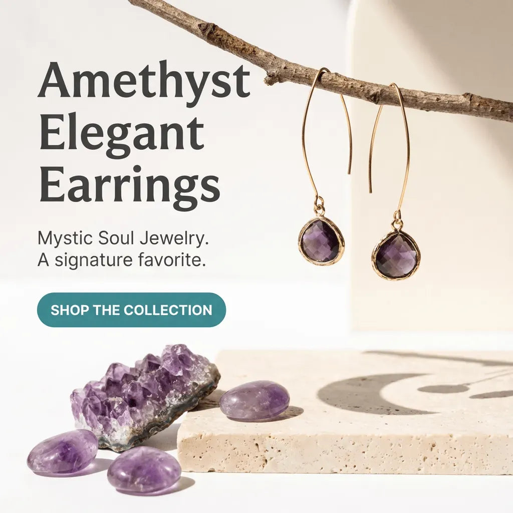 Amethyst earrings with a branch and crystals on a light background