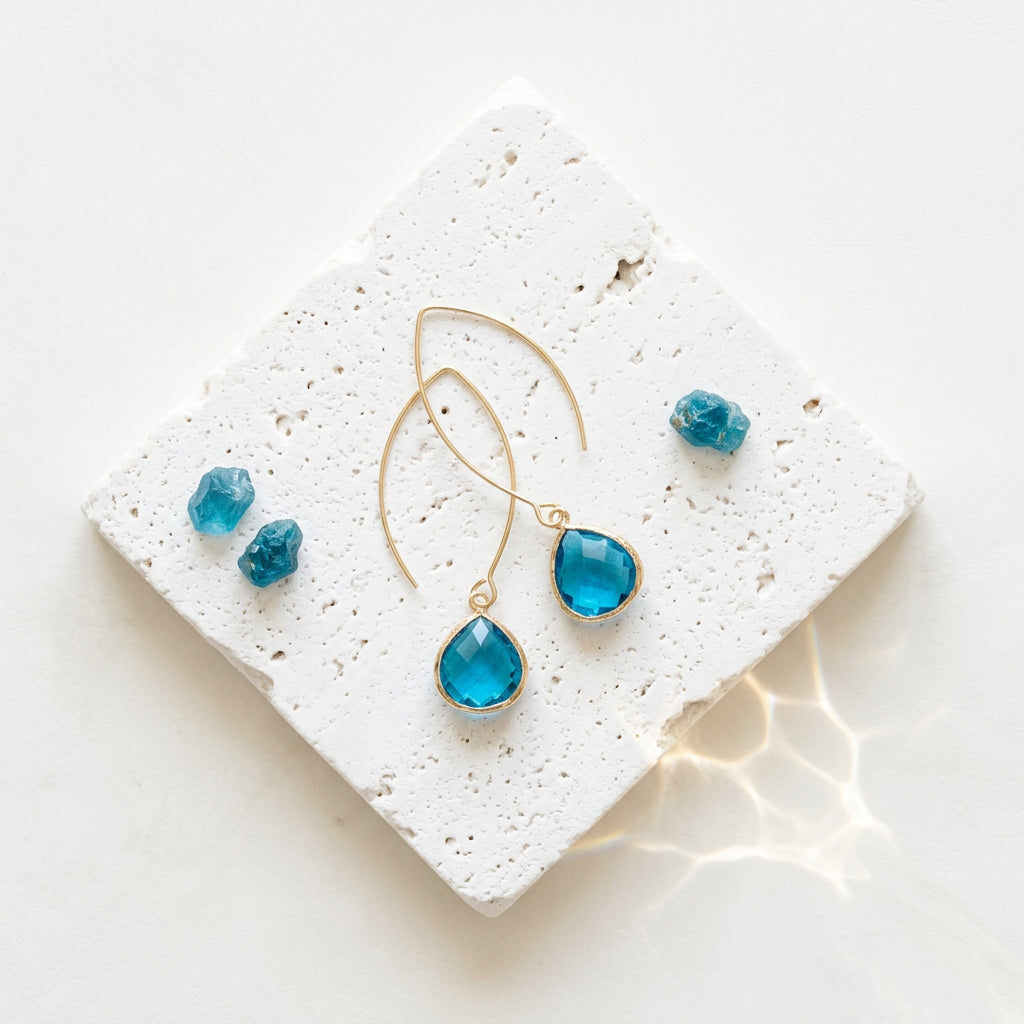 Capri blue glass Elegant Pebble earrings on gold long ear wires