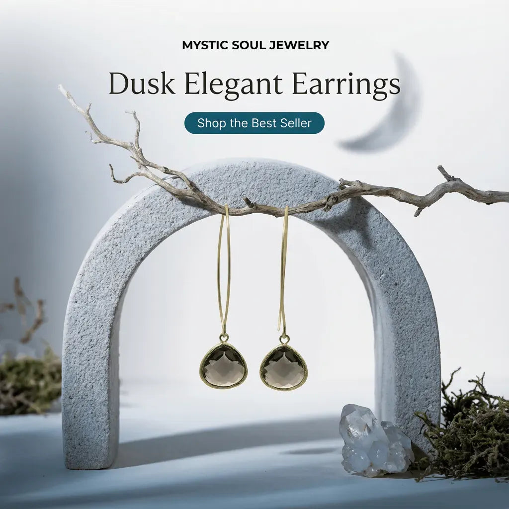 Dusk Elegant Earrings by Mystic Soul Jewelry hanging on a stone arch with a natural background.