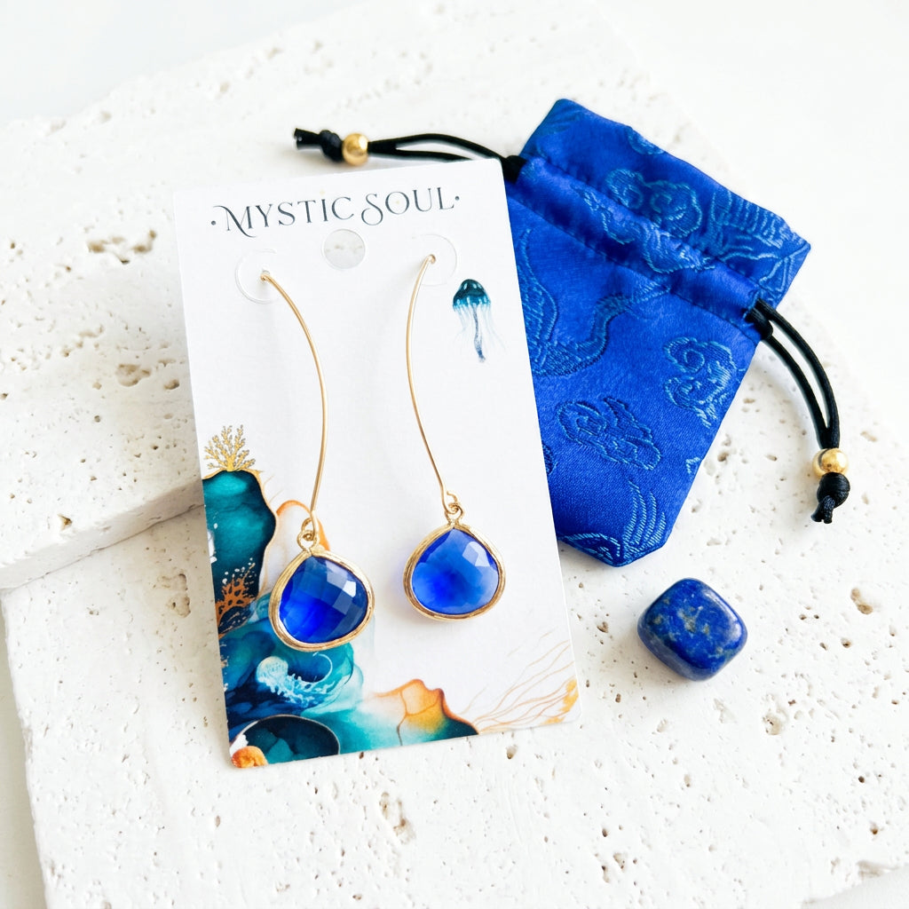 Cobalt blue glass Elegant Pebble earrings on gold long ear wires with Mystic Soul card and gift pouch