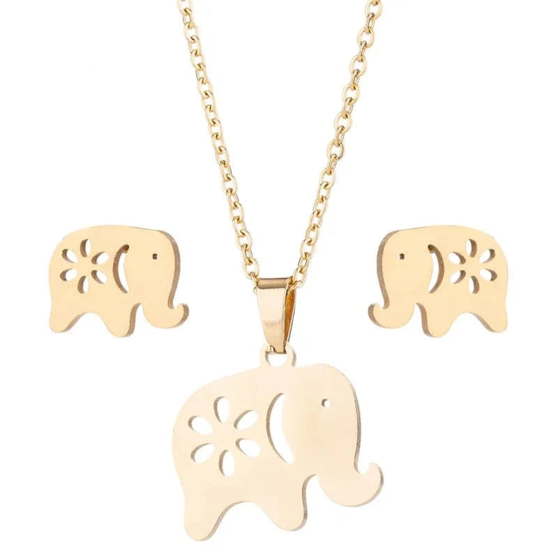 Gold elephant-shaped necklace and earrings set on a white background