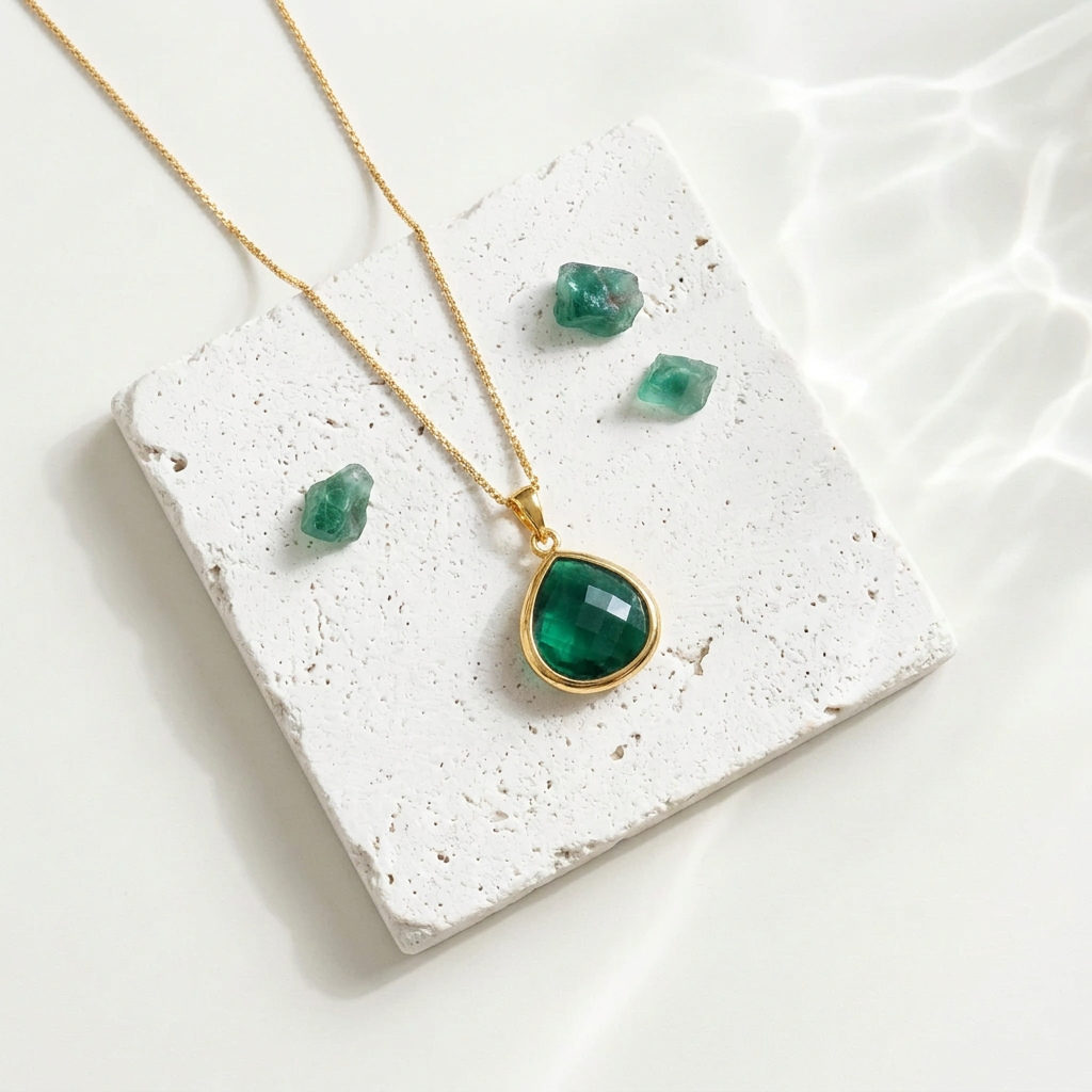 Gold Elegant Pebble necklace with emerald green faceted glass pendant, May birthstone colour