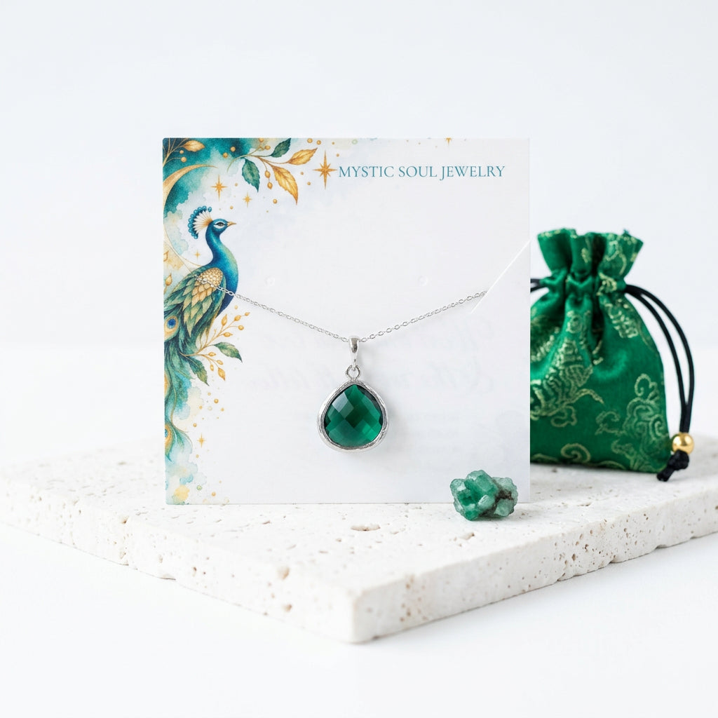 Silver emerald green faceted glass Elegant Pebble necklace with Mystic Soul gift tag and satin pouch