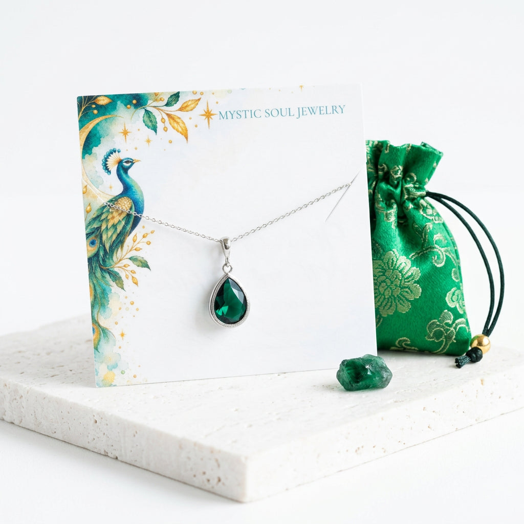 Silver emerald green faceted glass teardrop necklace with Mystic Soul gift tag and satin pouch, May birthstone colour