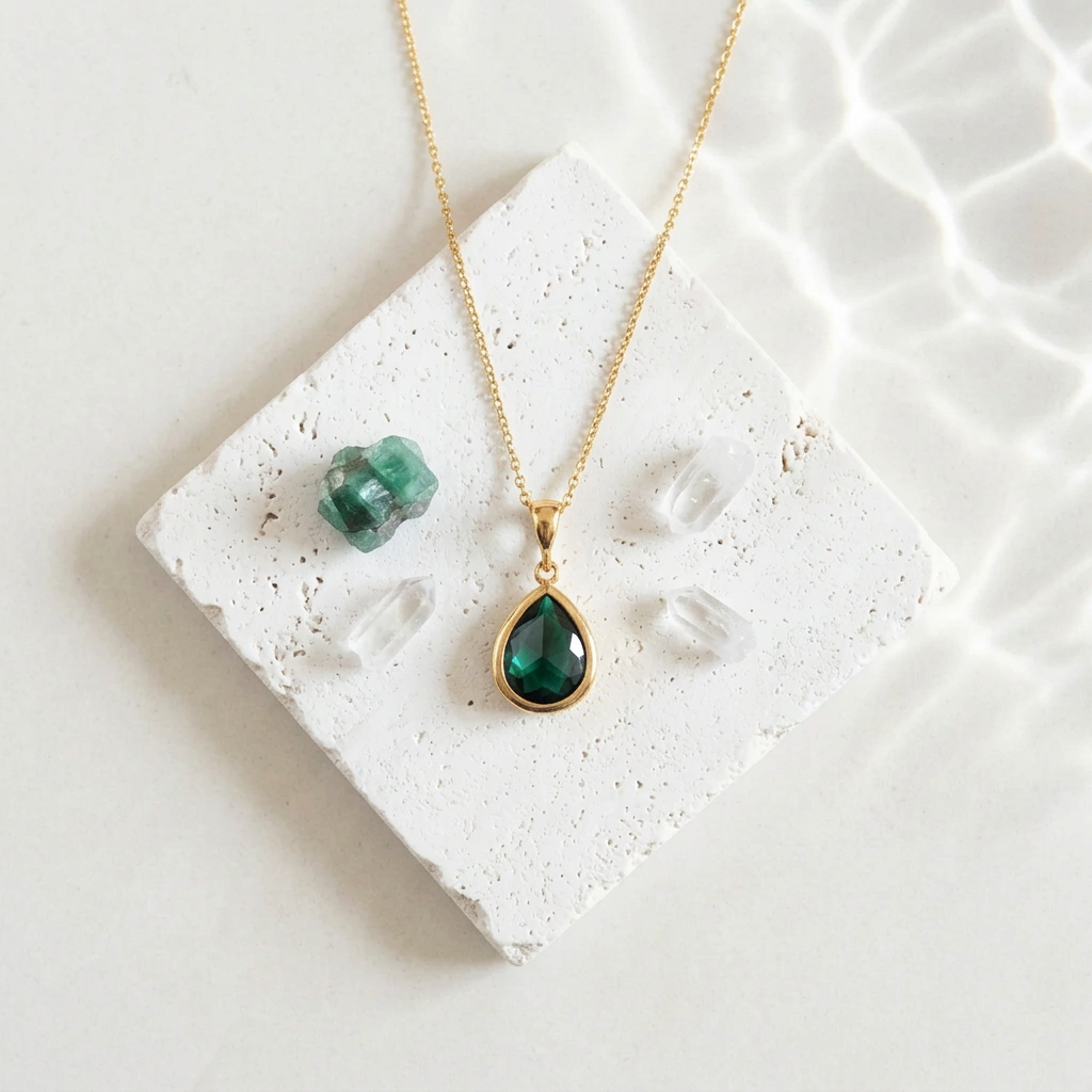 Gold teardrop pendant necklace with emerald green faceted glass drop, May birthstone colour