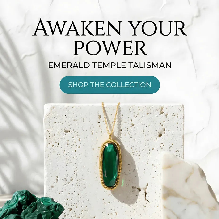 Green emerald pendant on a white stone surface with text 'Awaken Your Power' and 'Shop the Collection'.